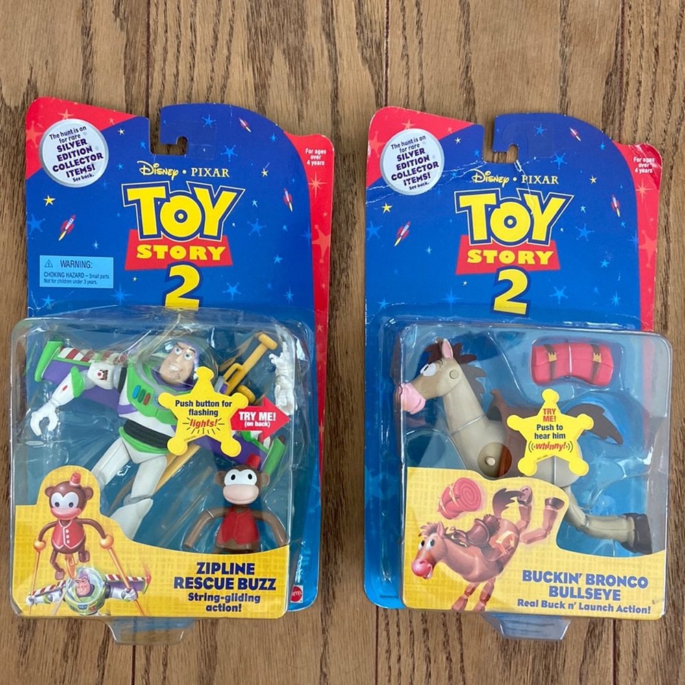 VTG Disney Pixar 2 Toy Story 2 Silver Edition Zipline Buzz + Bronco Bullseye